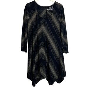 Soma Womens Tunic Top L Black Silver Metallic Striped Scoop Neck 3/4 Sleeve